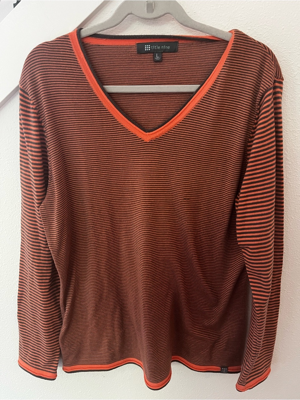 Title Nine Orange and Black Striped V-Neck Athletic Top